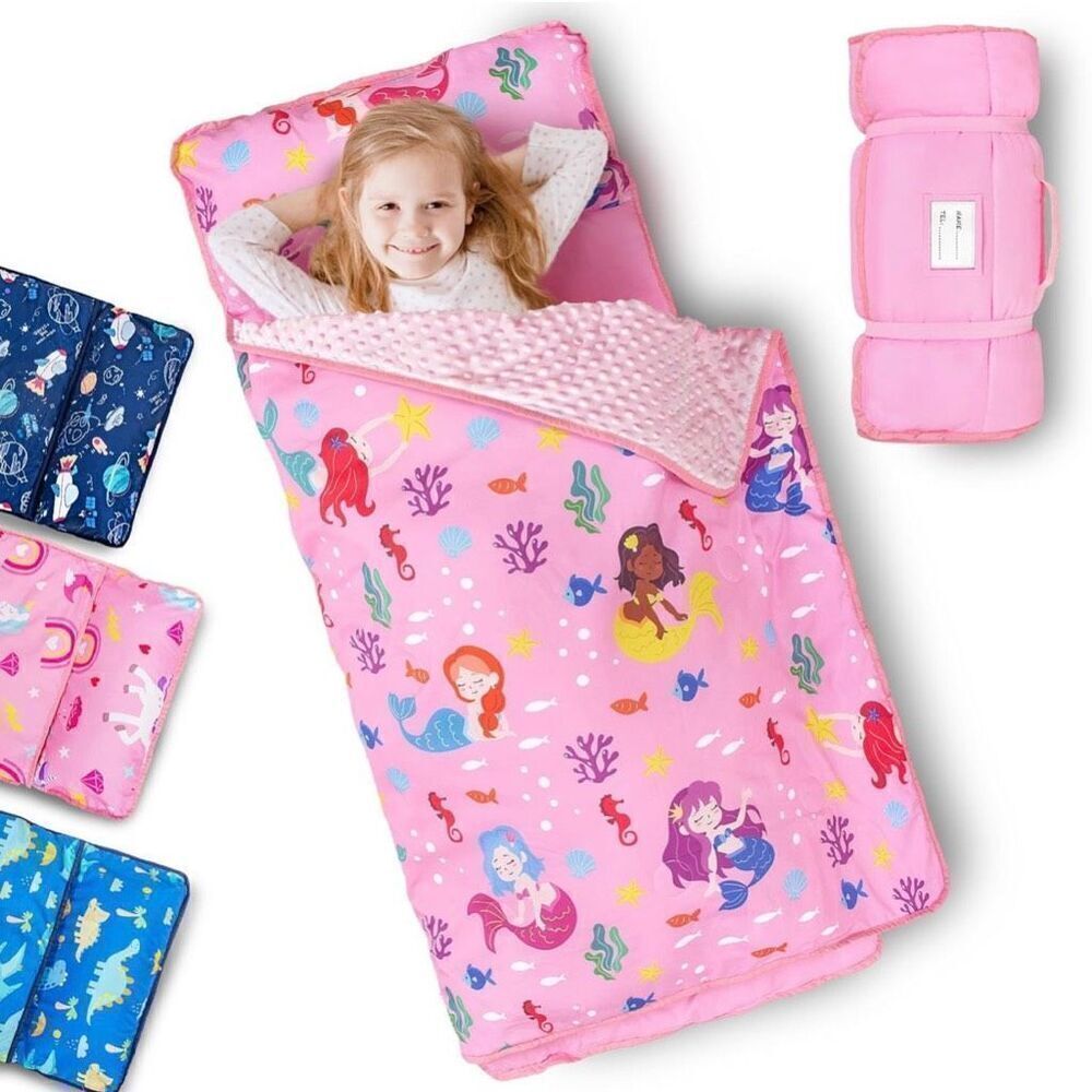 Toddler Nap Mat, Easy to Roll Removable Pillow and Minky Blanket 55''x35''